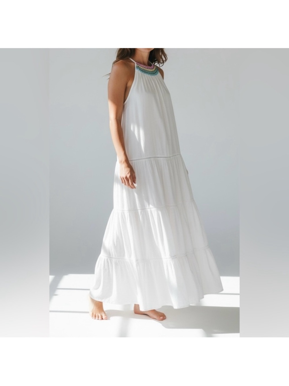 J.Crew Tiered Halter Dress with Rainbow Embroidery NWOT